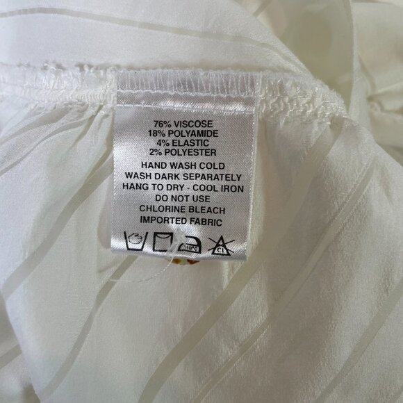 Farinaz Taghavi Ruched Blouse Size 12 White Sheer Stripes Abalone Button Down - Picture 9 of 9